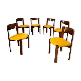 Set of 6 Scandinavian style chairs Girsberger 70s vintage solid wood mustard yellow
