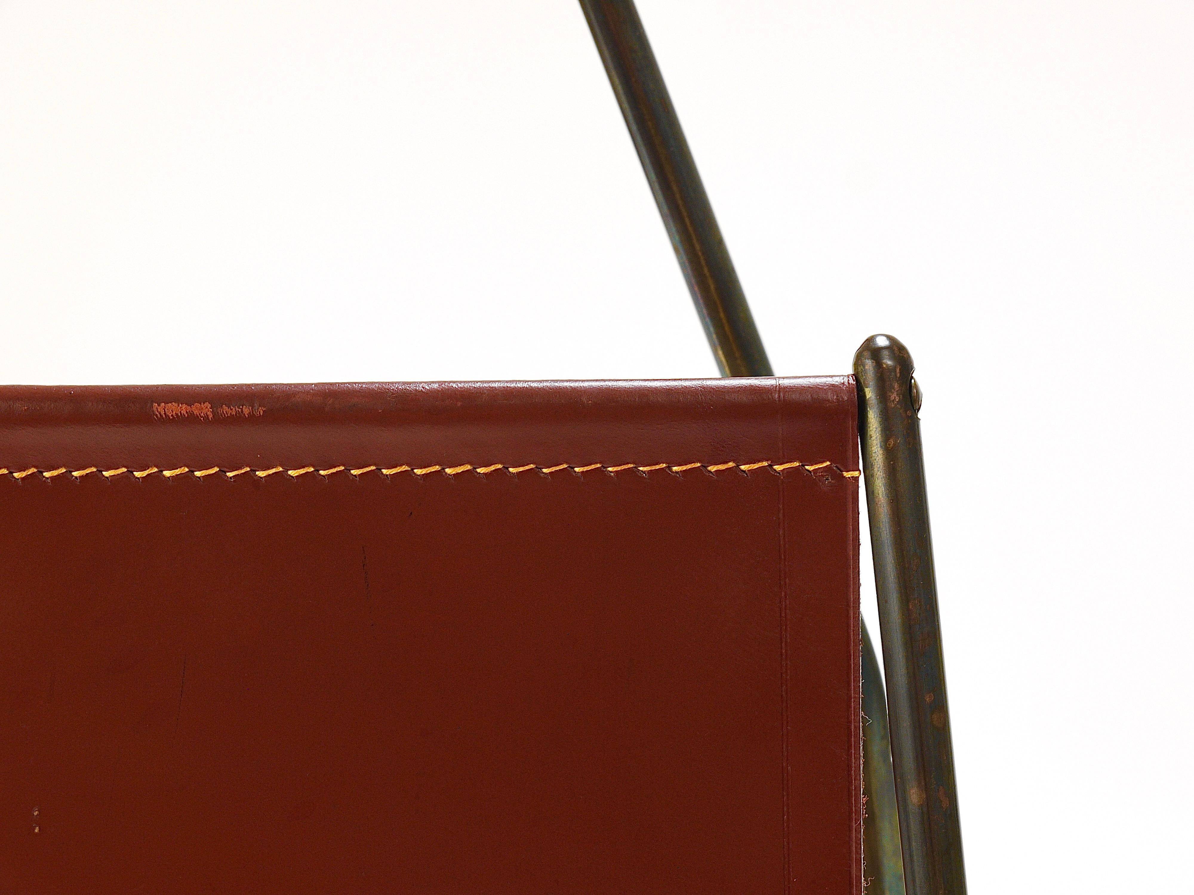 Carl Auböck II Magazine rack Midcentury, brass and brown leather, vintage, Austria