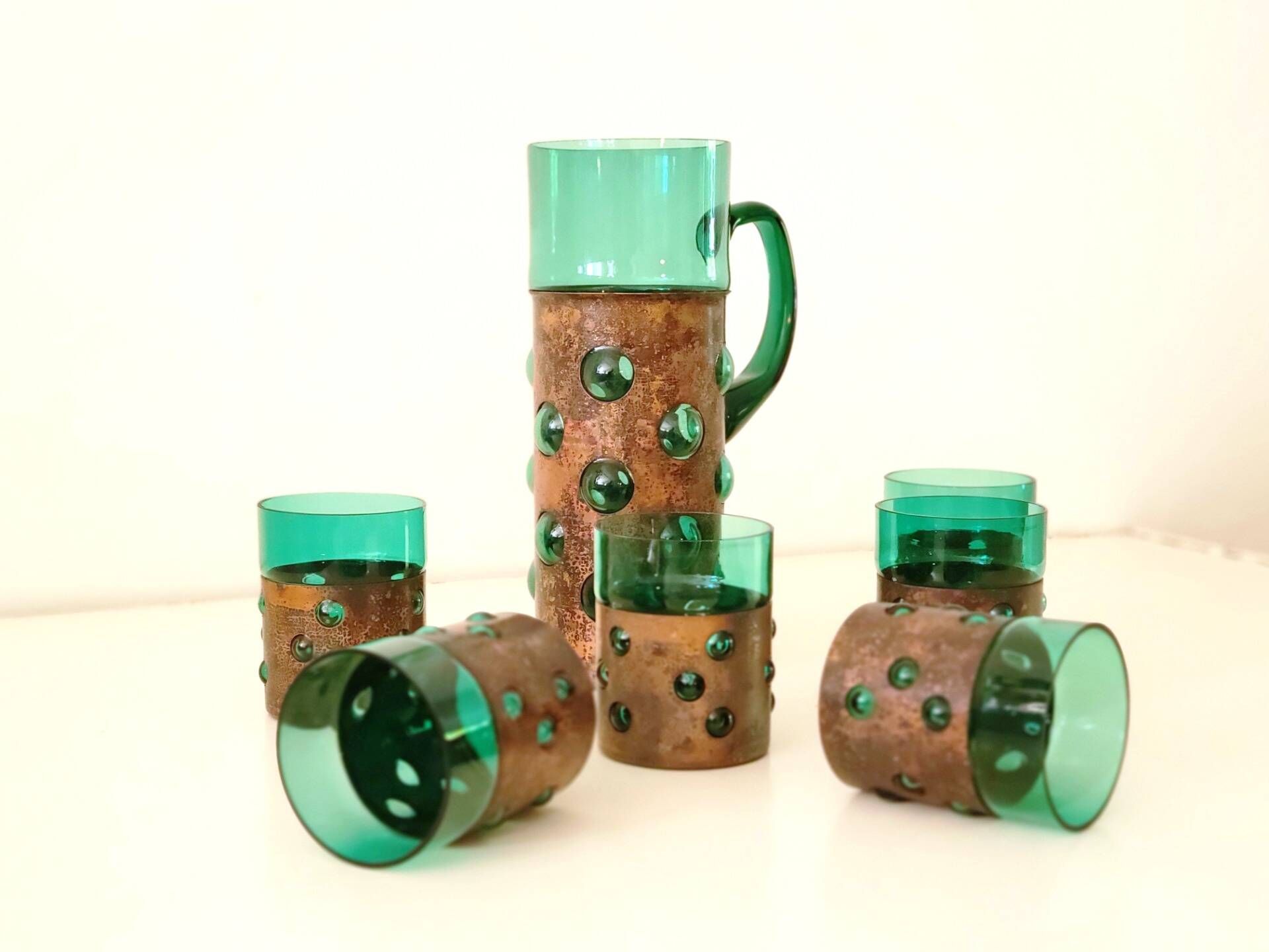 Vintage brutalist drinks set of green glass and patinated copper