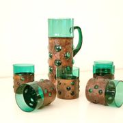 Vintage brutalist drinks set of green glass and patinated copper