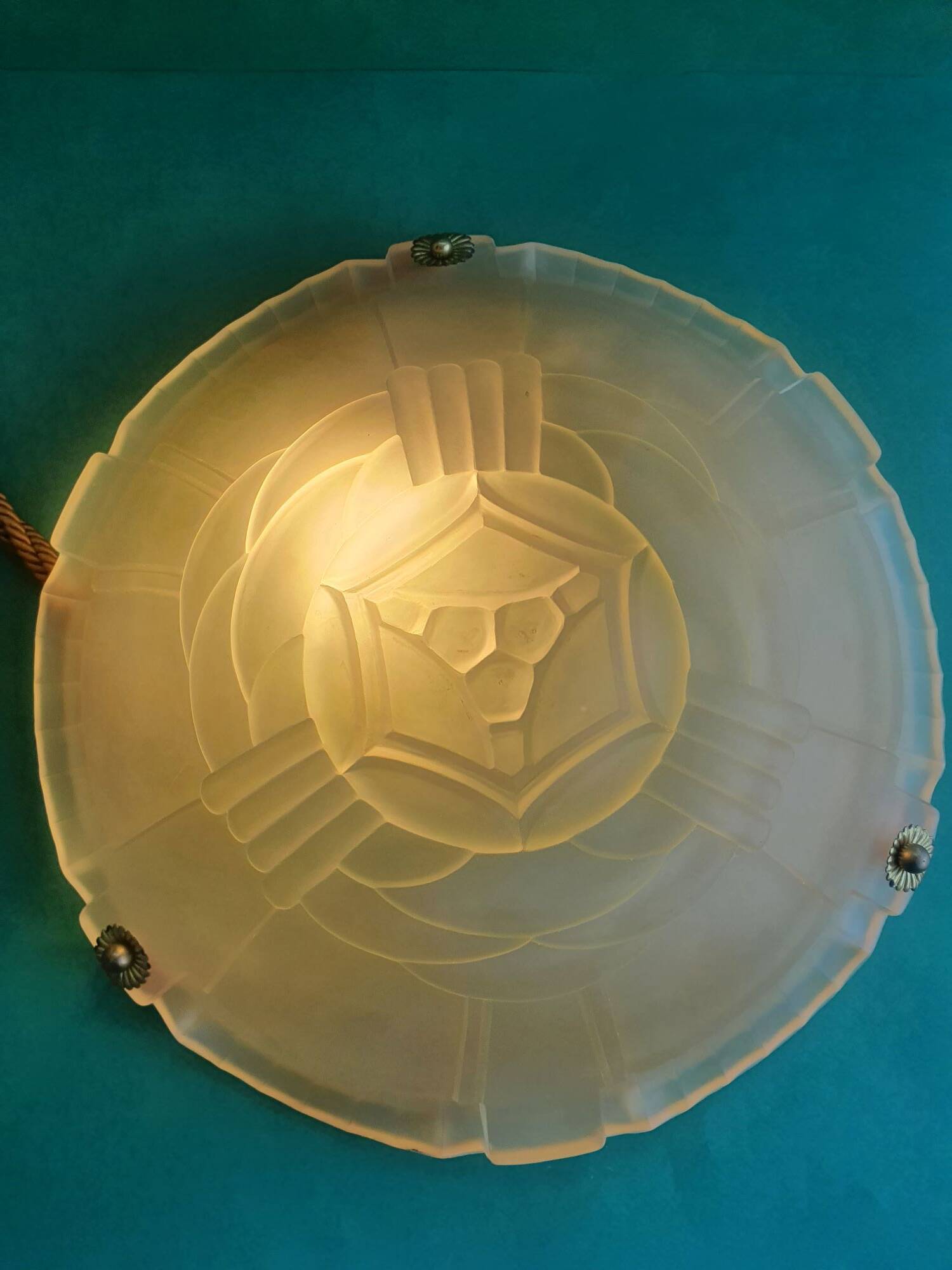 Pressed glass basin pendant light with Art Deco floral decoration Artistar France