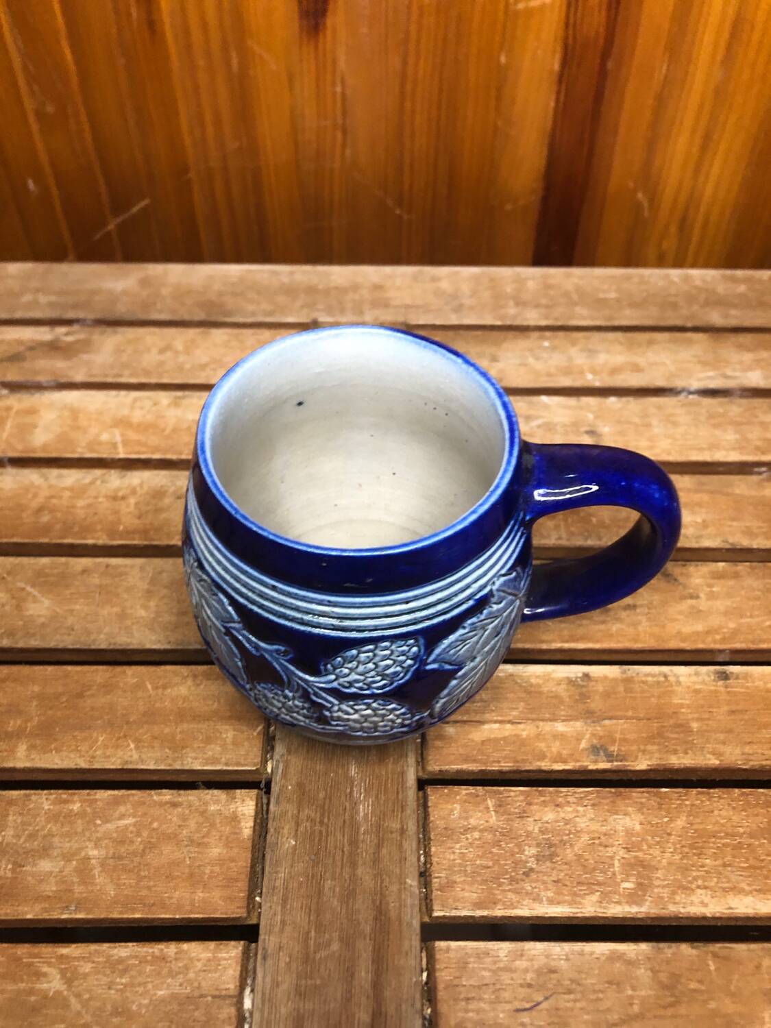 Old BETSCHDORF Tankard Gray Blue Stoneware Vintage Leaves Decor #A603