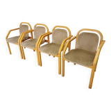 Set of 4 Vintage Beech Wood Dining Chairs: 1970s Space Age Gray Fabric