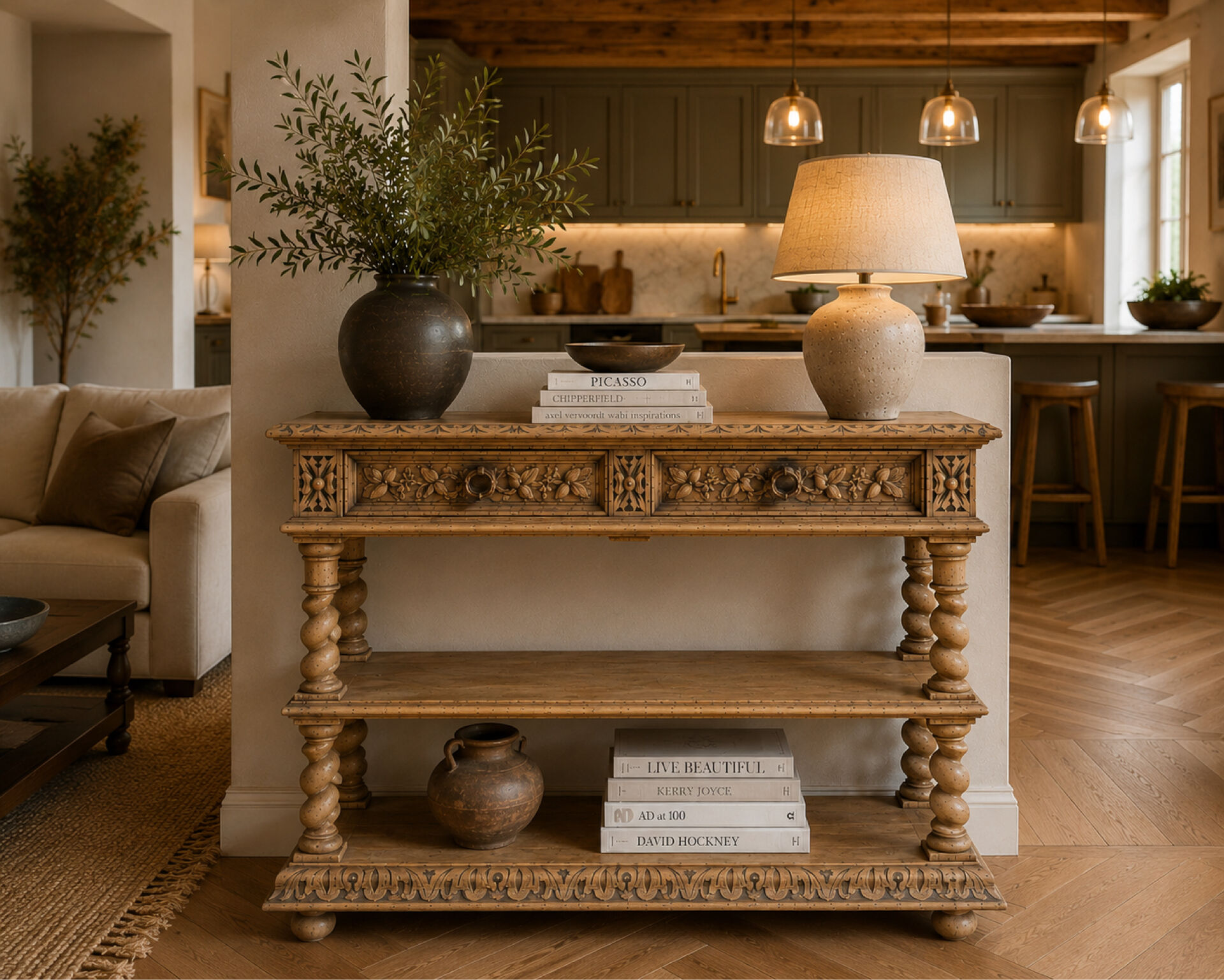 Console chêne brut massif décor végétal sculpté fin XIXe