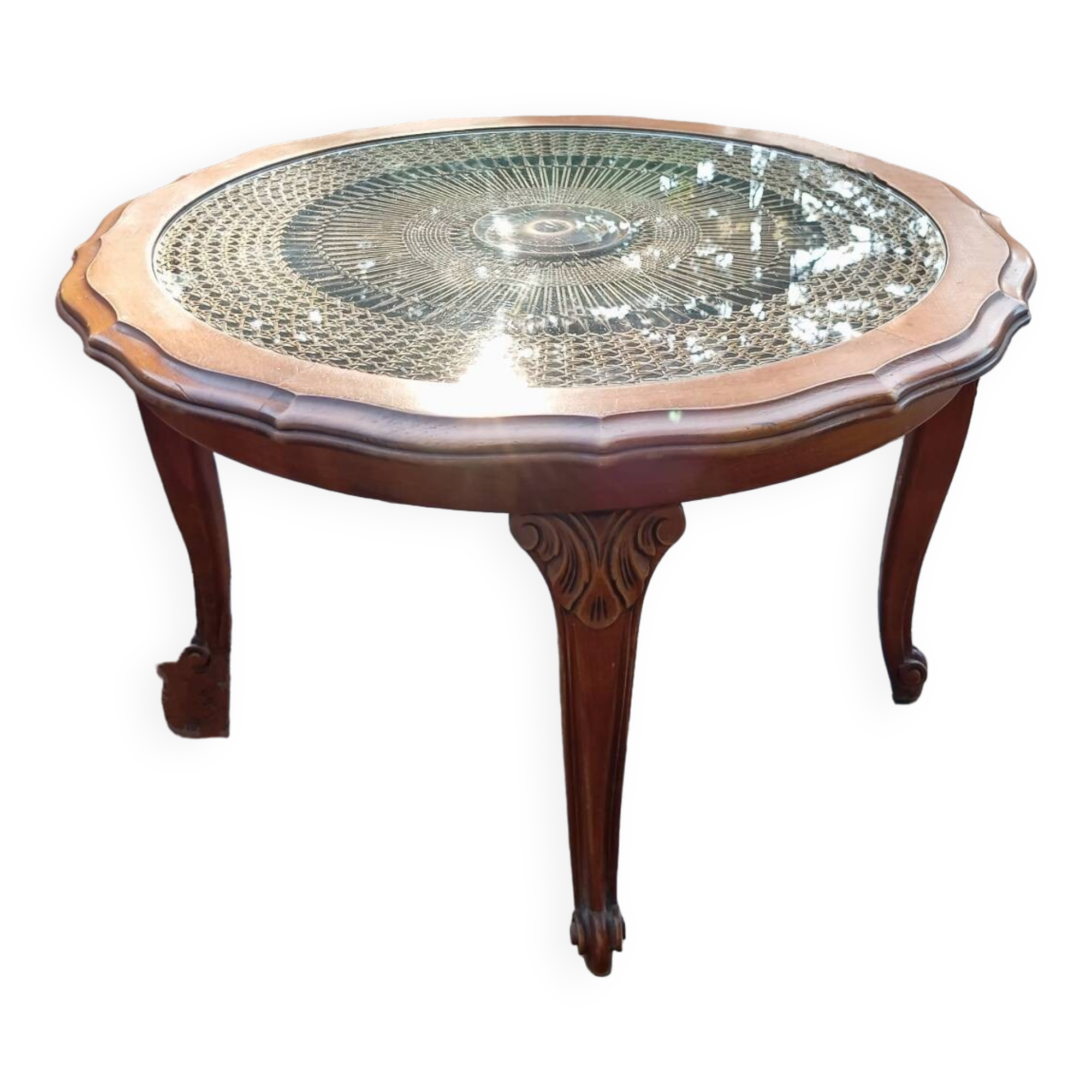 Table basse merisier, cannage et verre style Louis XV, vers 1960
