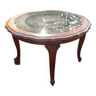 Table basse merisier, cannage et verre style Louis XV, vers 1960