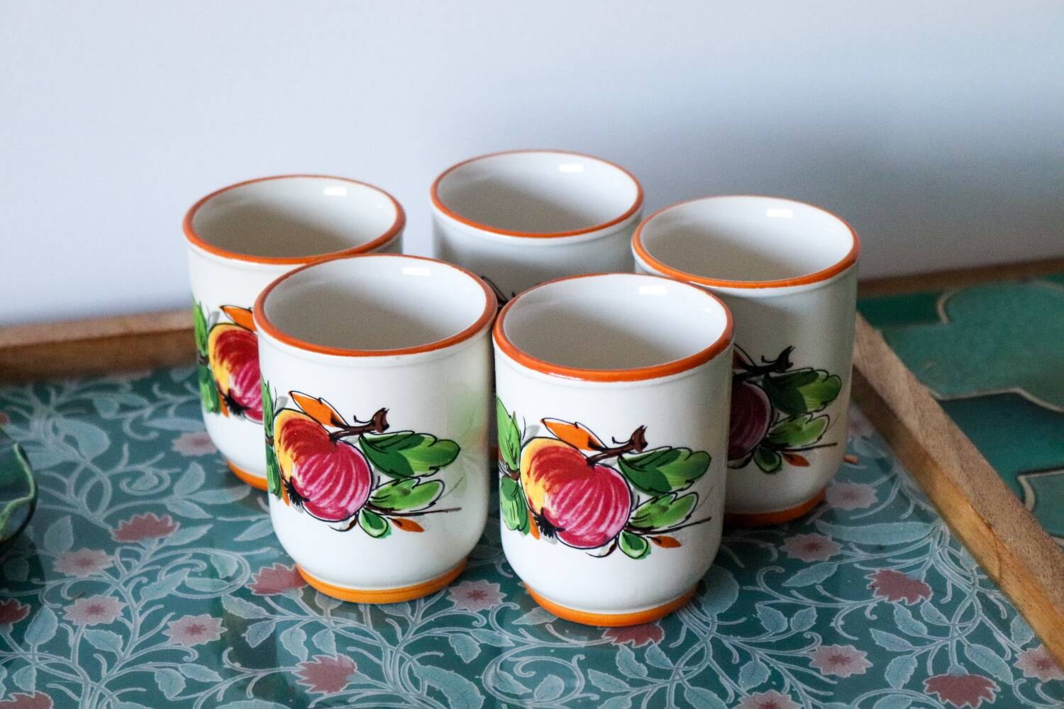 5 vintage painted apple coffee cups