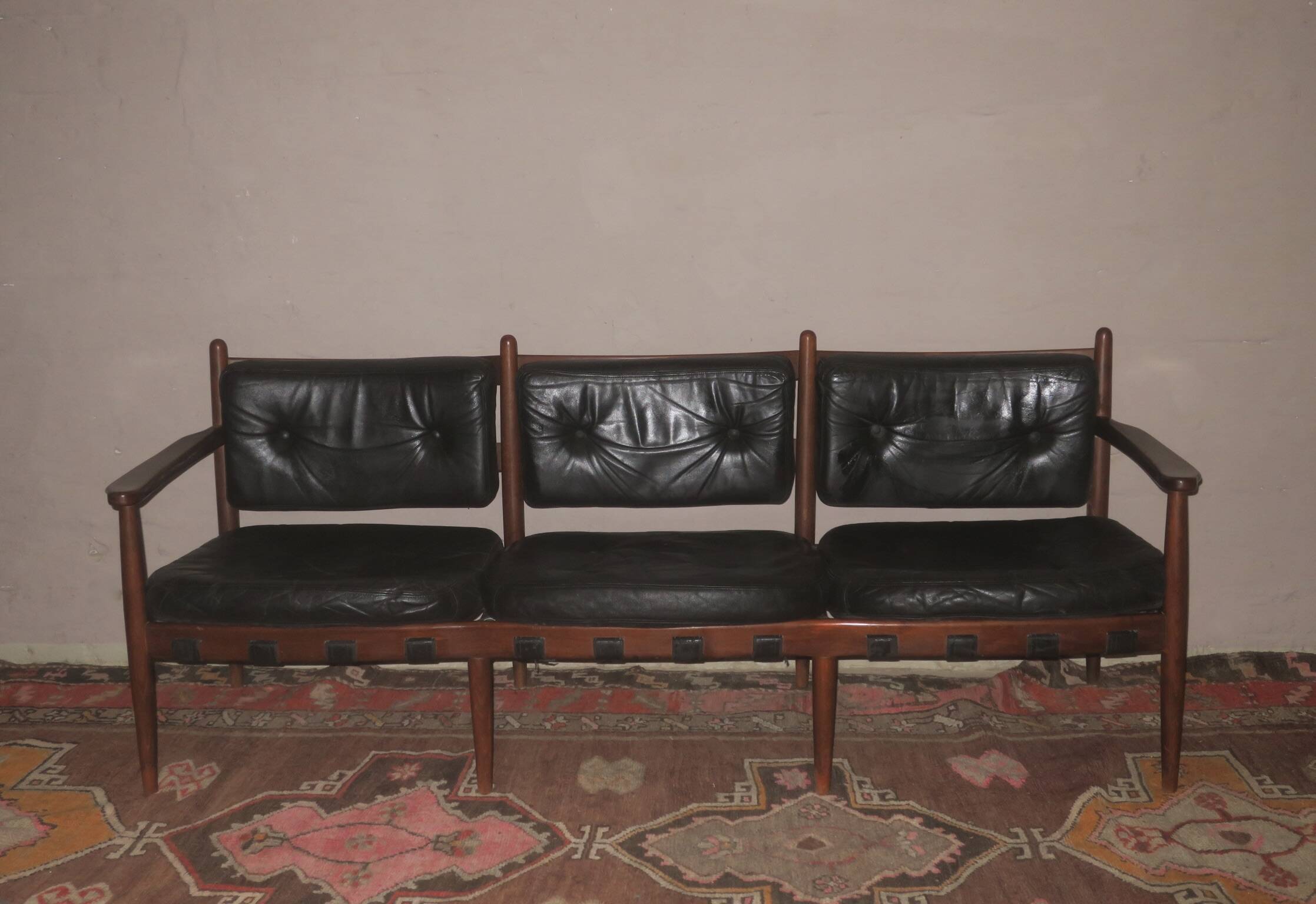 Cadett 3-seater sodfa in teak and leather by Eric Merthen, Sweden 1960s