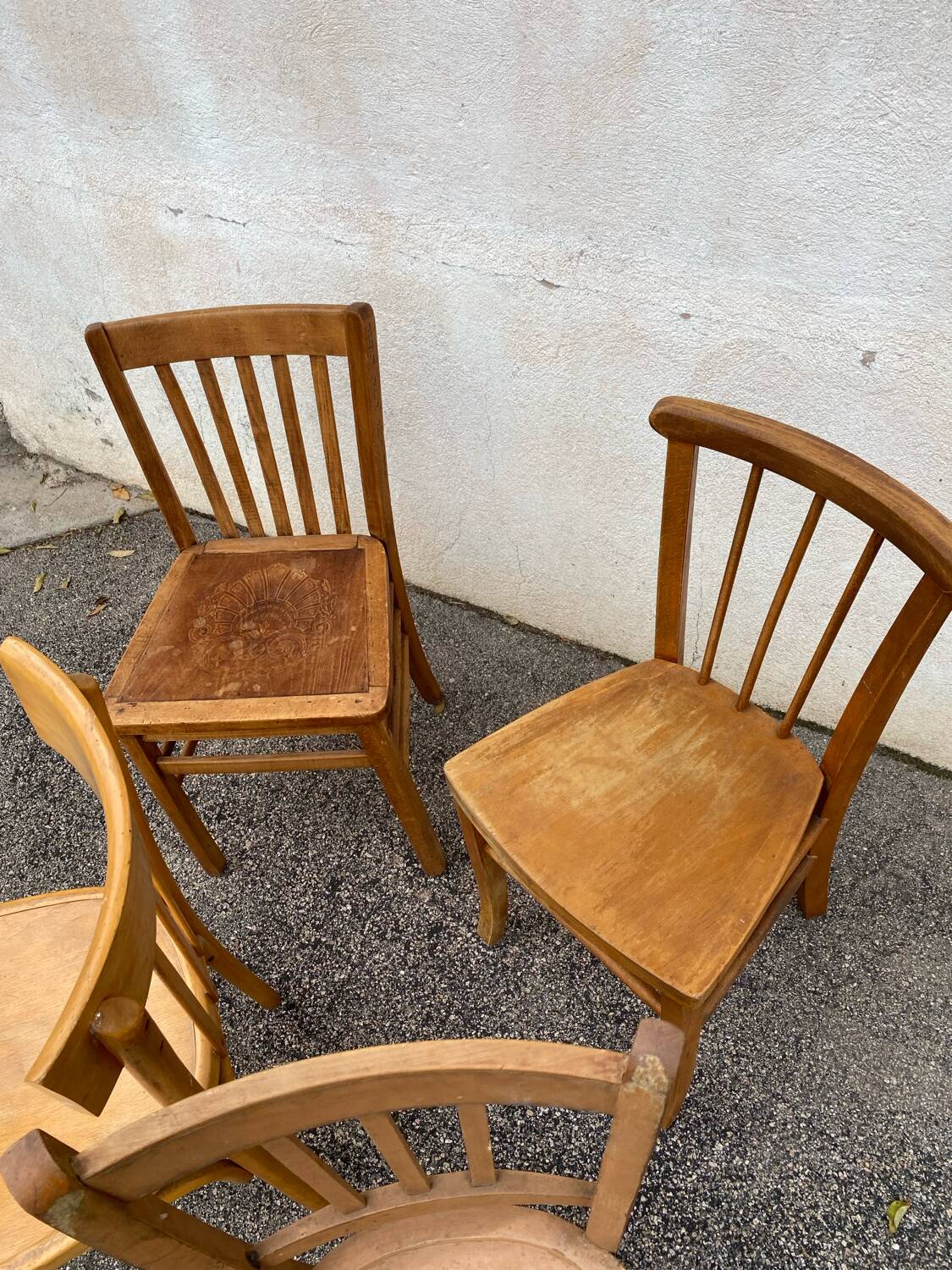 Set of 4 yellow mismatched bistro chairs