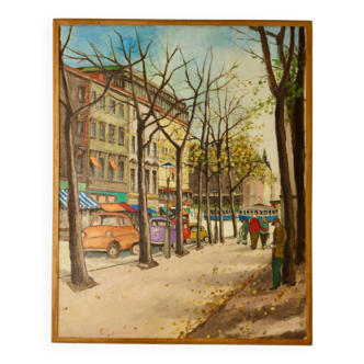 Grande huile sur toile originale moderniste vintage « City Idyll » par - Vintage & Framed