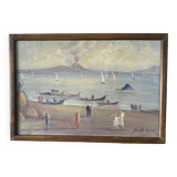 Huile « vue sur l’Etna » années 60, cadre vitré