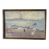 Oil painting "view of Etna" from the 60s, glass frame