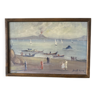 Oil painting "view of Etna" from the 60s, glass frame