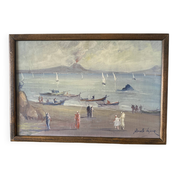 Huile « vue sur l’Etna » années 60, cadre vitré