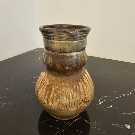 Decorative pitcher or vase in signed stoneware, beige and brown - rustic art style.