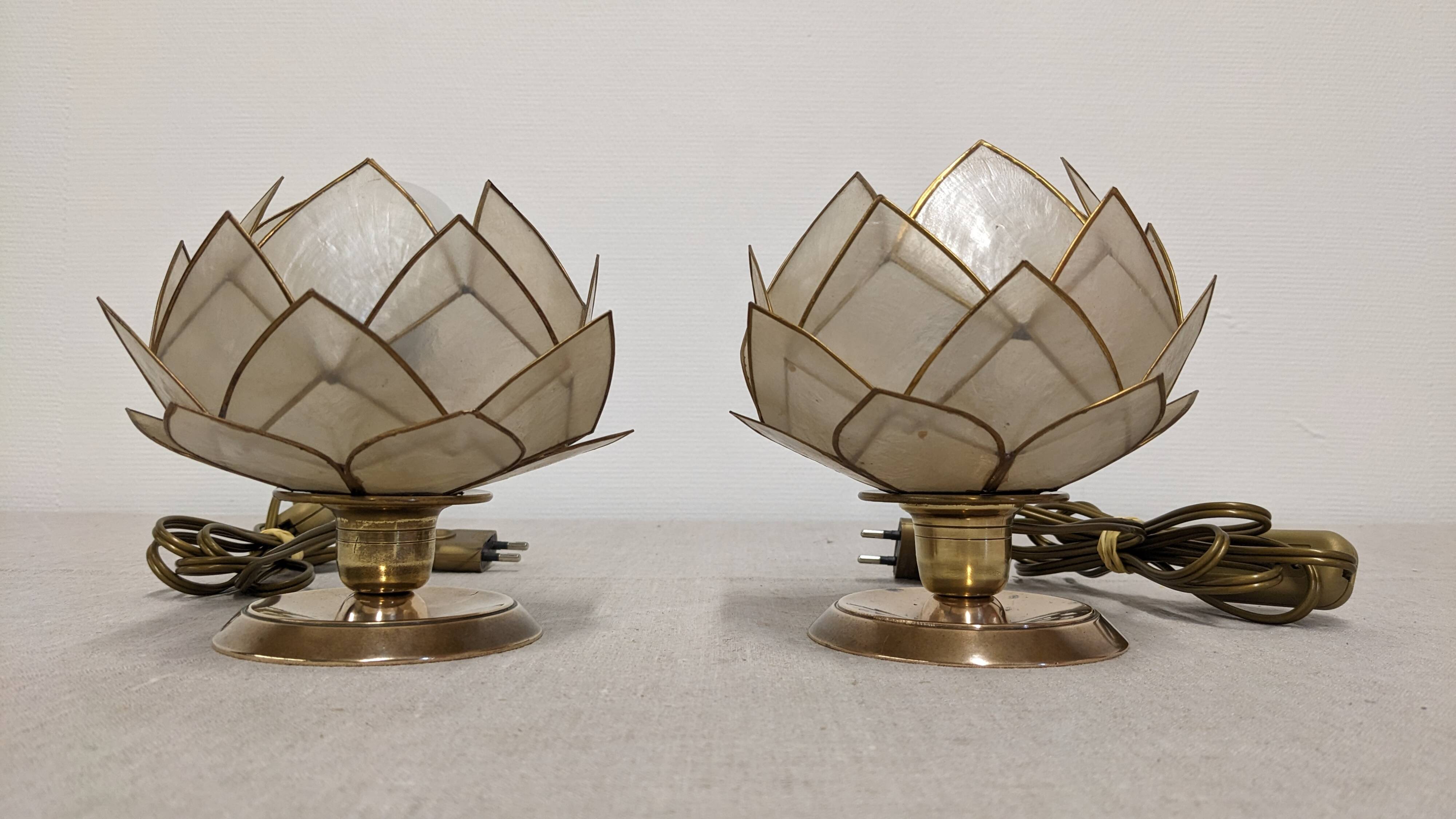 Pair of mother-of-pearl lotus flower bedside or mood lamps