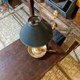 Lampe bouillote à main 19ème bronze doré  et abat jour acier vert