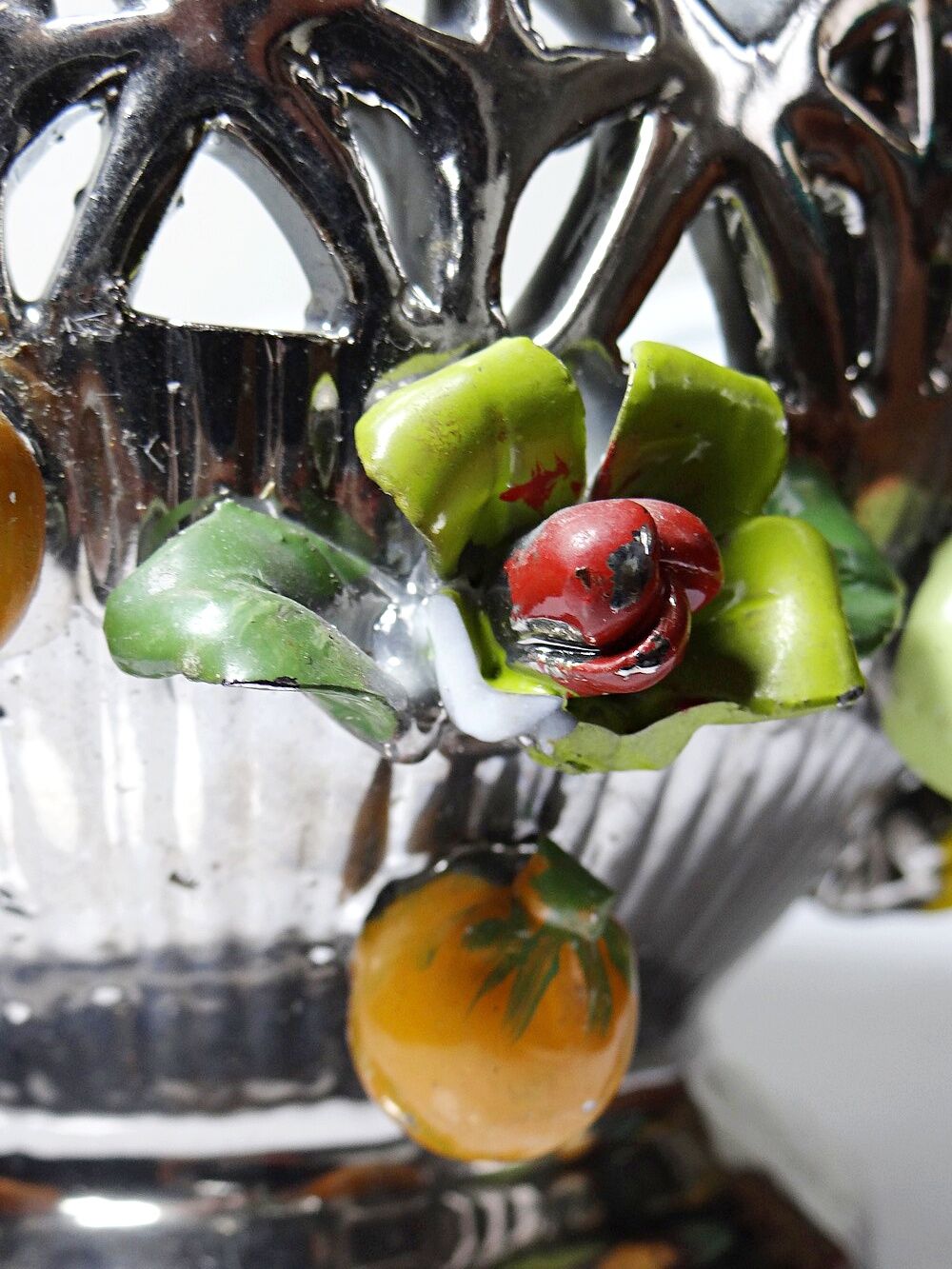 Vintage Italian silver-plated porcelain bowl with cut-out design of fruits and flowers.