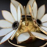 Pair of Hollywood Regency flower sconces in white glass and brass. Italy
