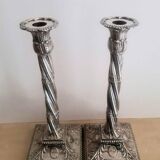 Pair of twisted column candlesticks in silver metal