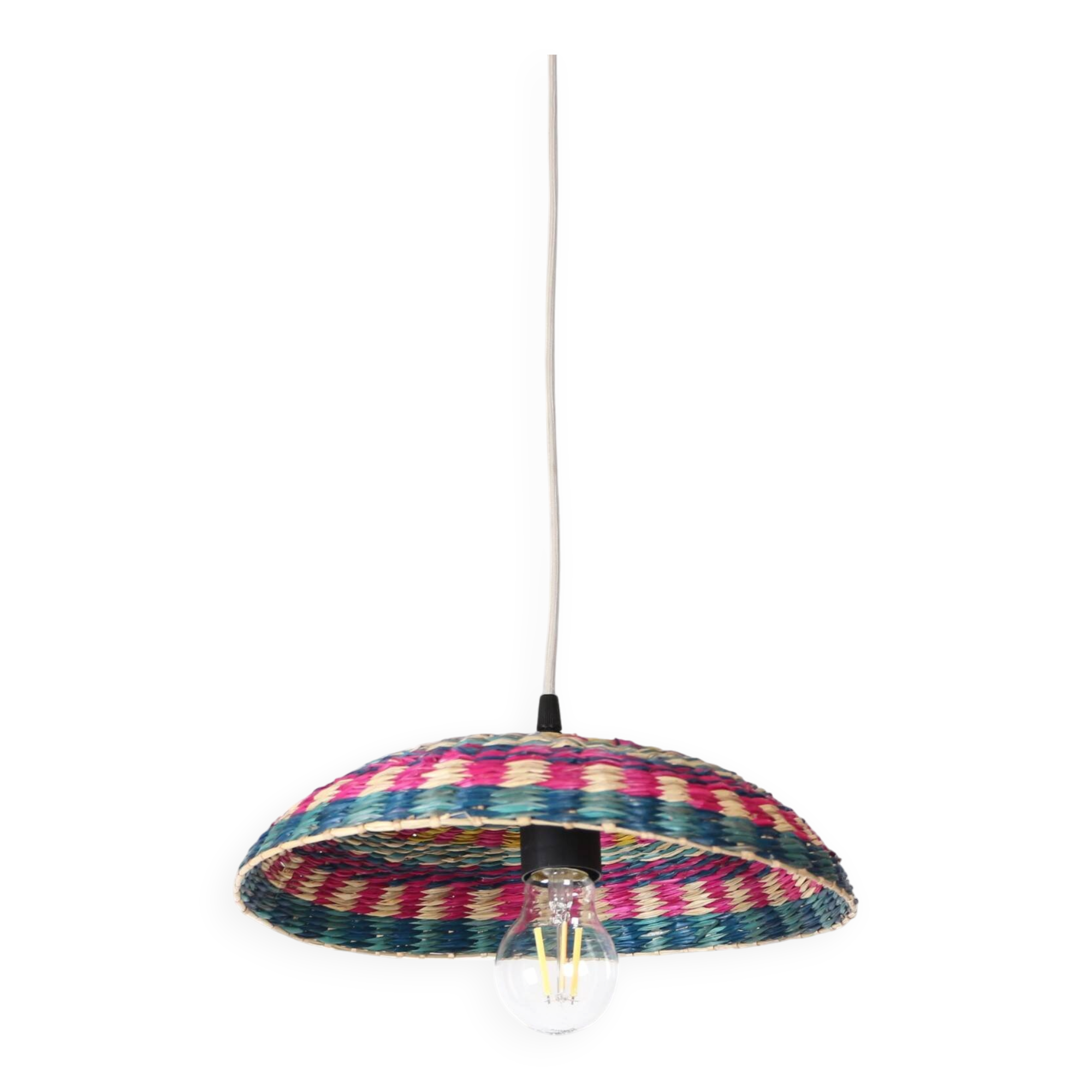 Handmade hanging lamp in colorful woven wicker, Morocco 30x30cm