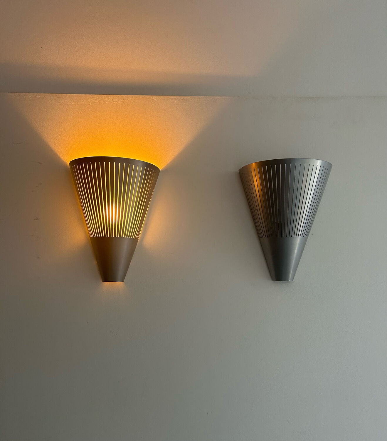 Pair of vintage conical wall lights, ribbed metal, Sweden 1970