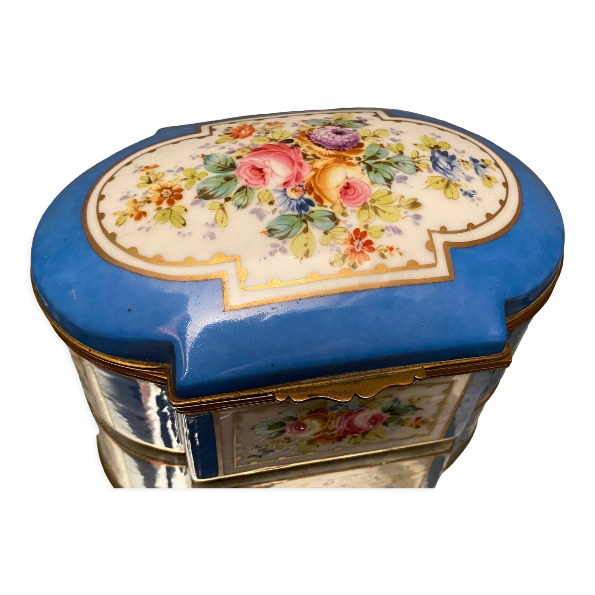 Domed porcelain box polychrome floral decoration on blue background brand Sèvres