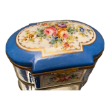 Domed porcelain box polychrome floral decoration on blue background brand Sèvres