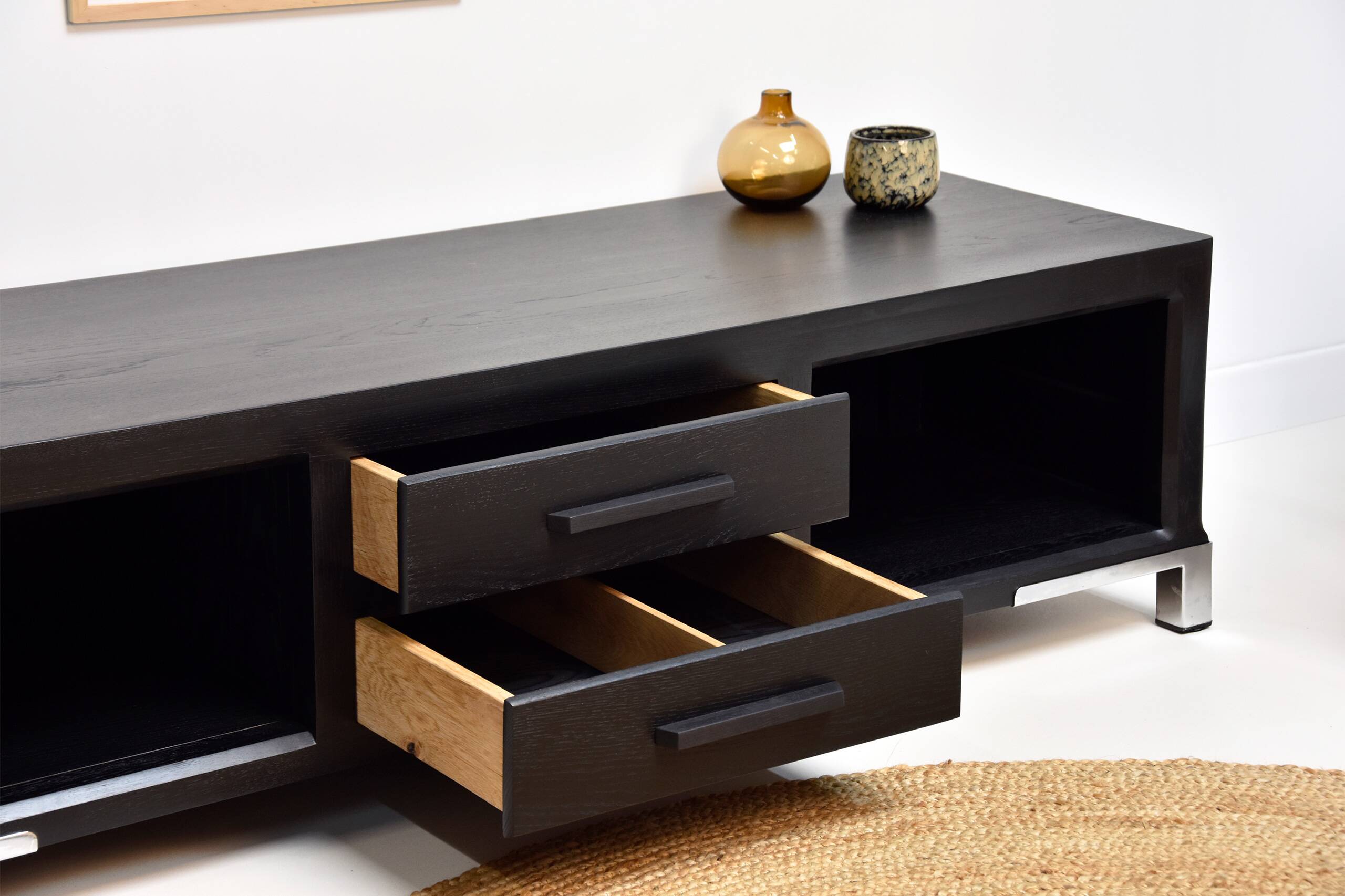 Wood and metal TV unit, solid oak, TV sideboard.