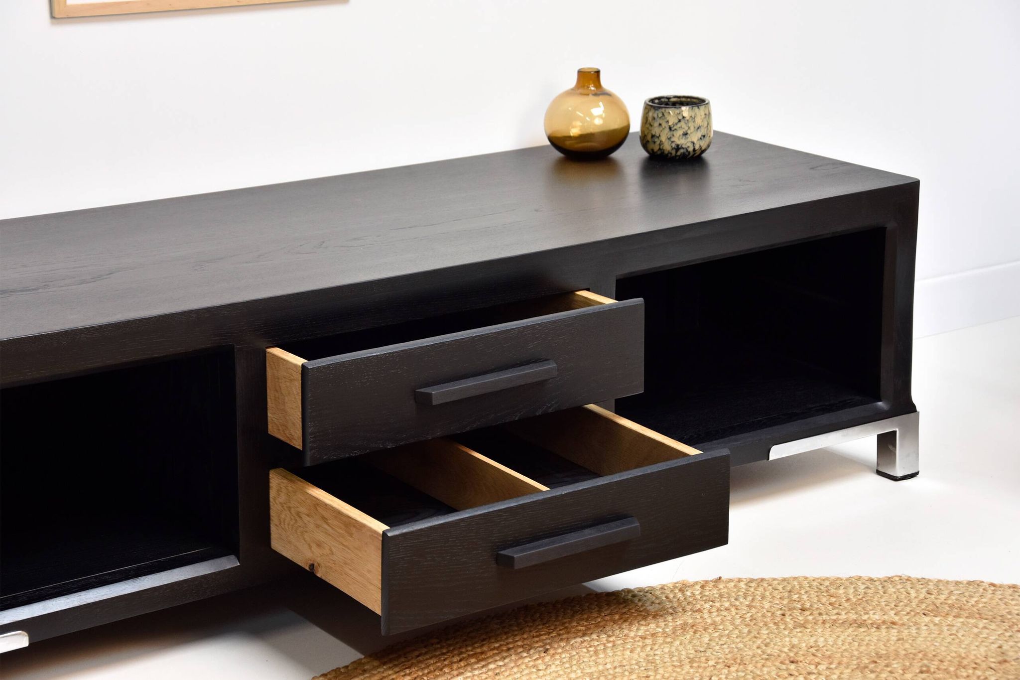 Wood and metal TV unit, solid oak, TV sideboard.