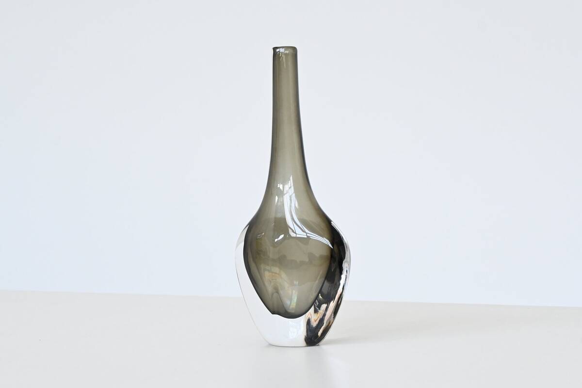 Nils Landberg black glass "Sommerso" vase Orrefors Sweden 1950