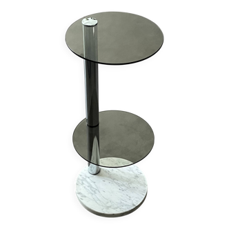 70s pedestal table in chromed metal, smoked glass and marble