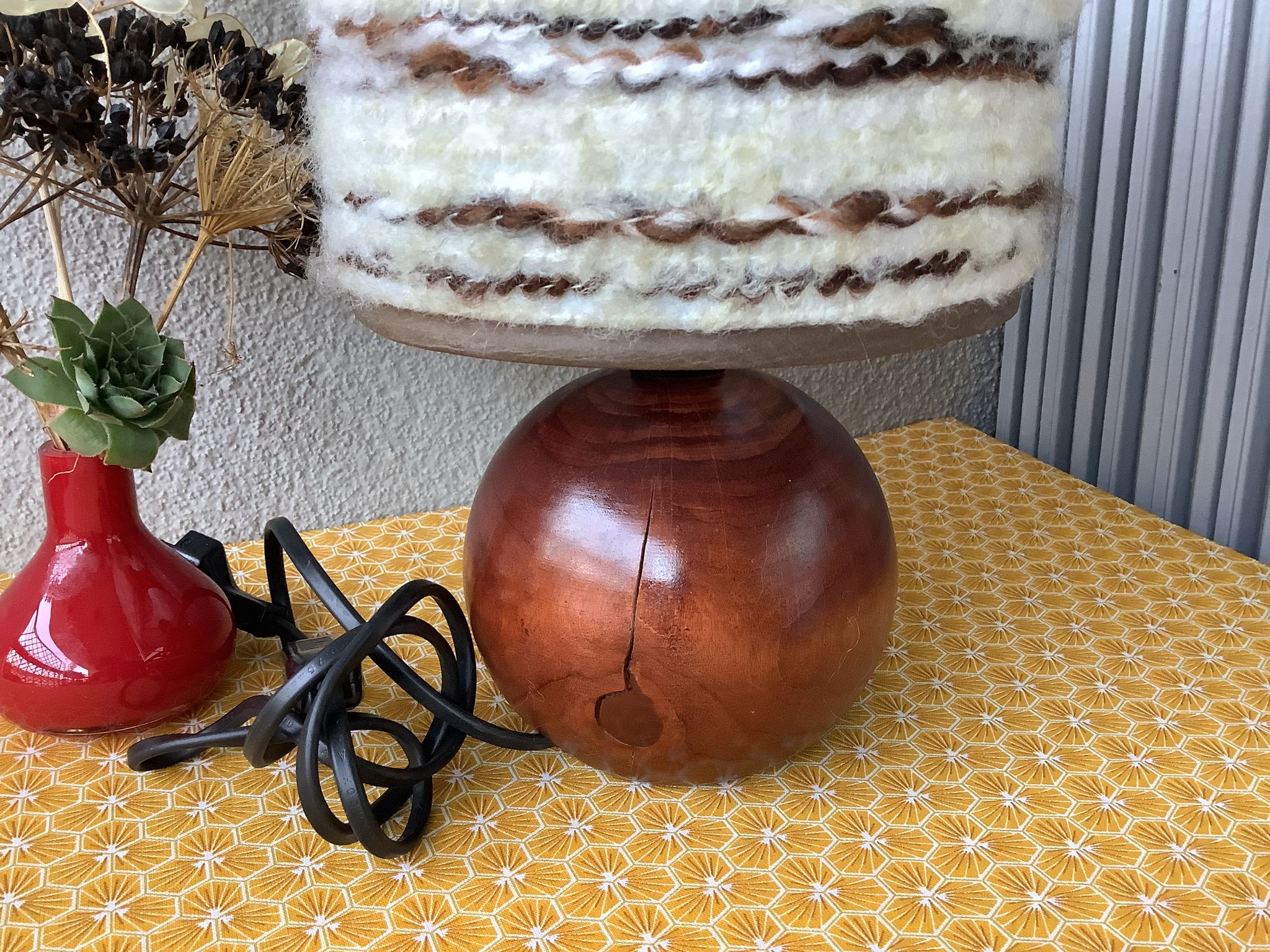 Seventies wood lamp and hippy chic wool lampshade