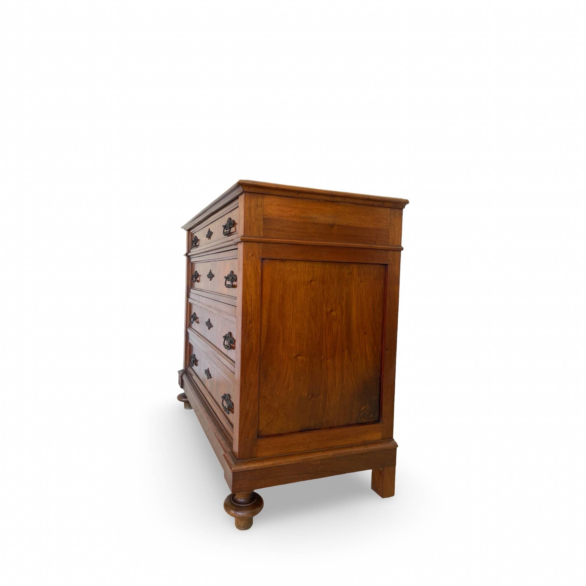 Antique walnut commode with bronze handles in the shape of a lion's mask,