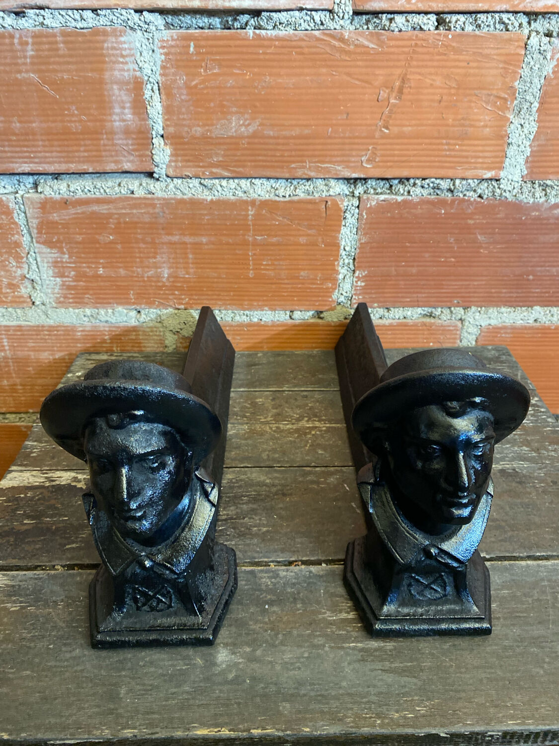 Pair of Fireplace Chenets Man with Hat Black Cast Iron Vintage #D703