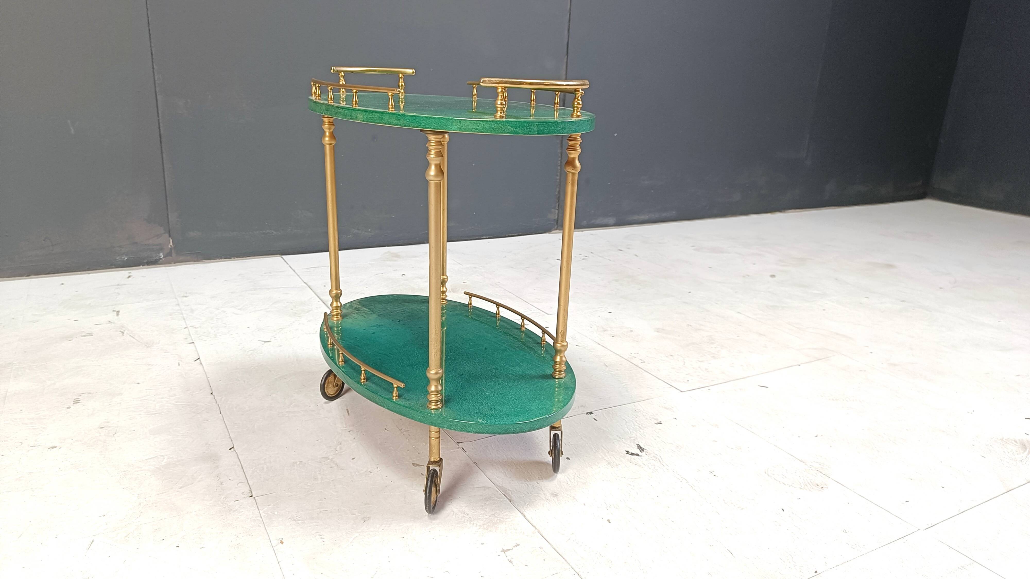 Italian Lacquered Goatskin Swan Bar Cart and wine bottle stand by Aldo Tura