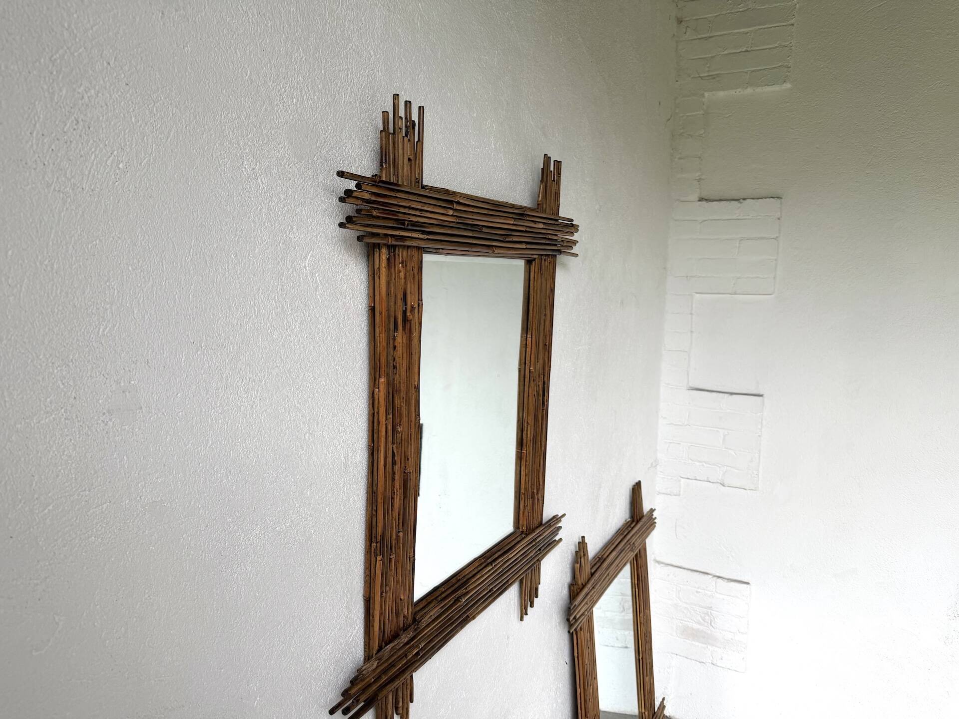 Pair of large vintage bamboo mirrors, 1970s