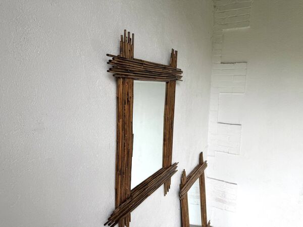 Duo de grands miroirs vintage en bambou, années 70