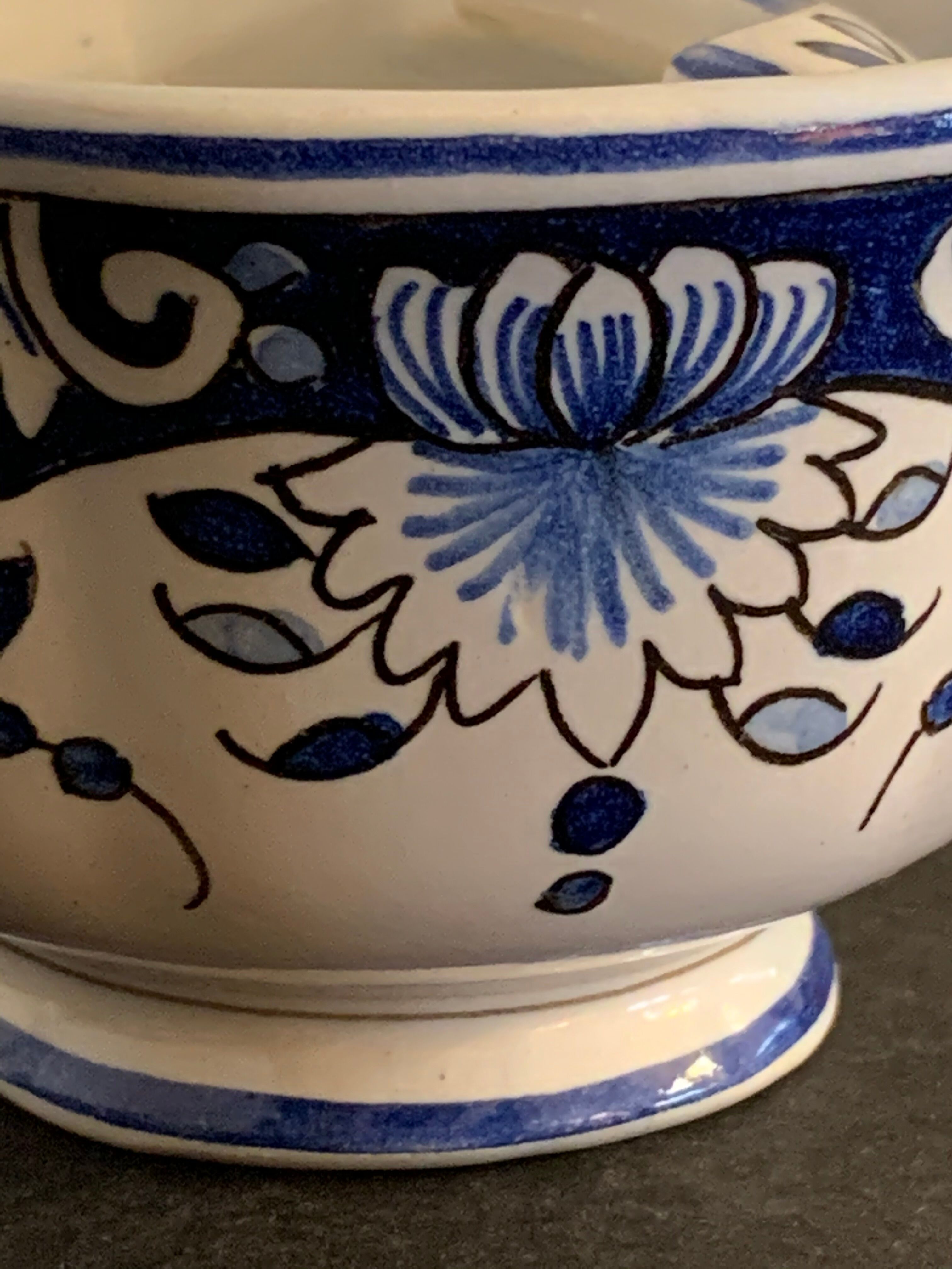 Old mustache cup and its under cup, Rouen earthenware