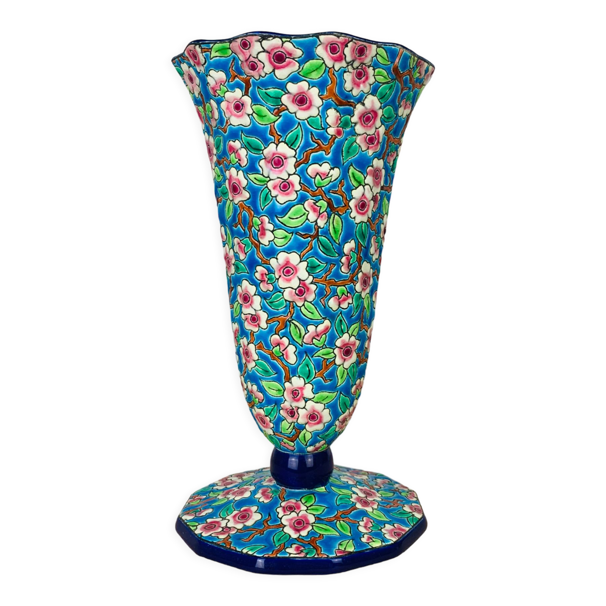 Faience enamel Longwy enamel cornet vase