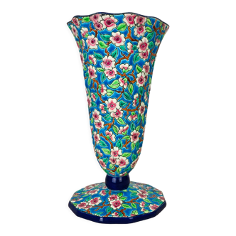 Faience enamel Longwy enamel cornet vase