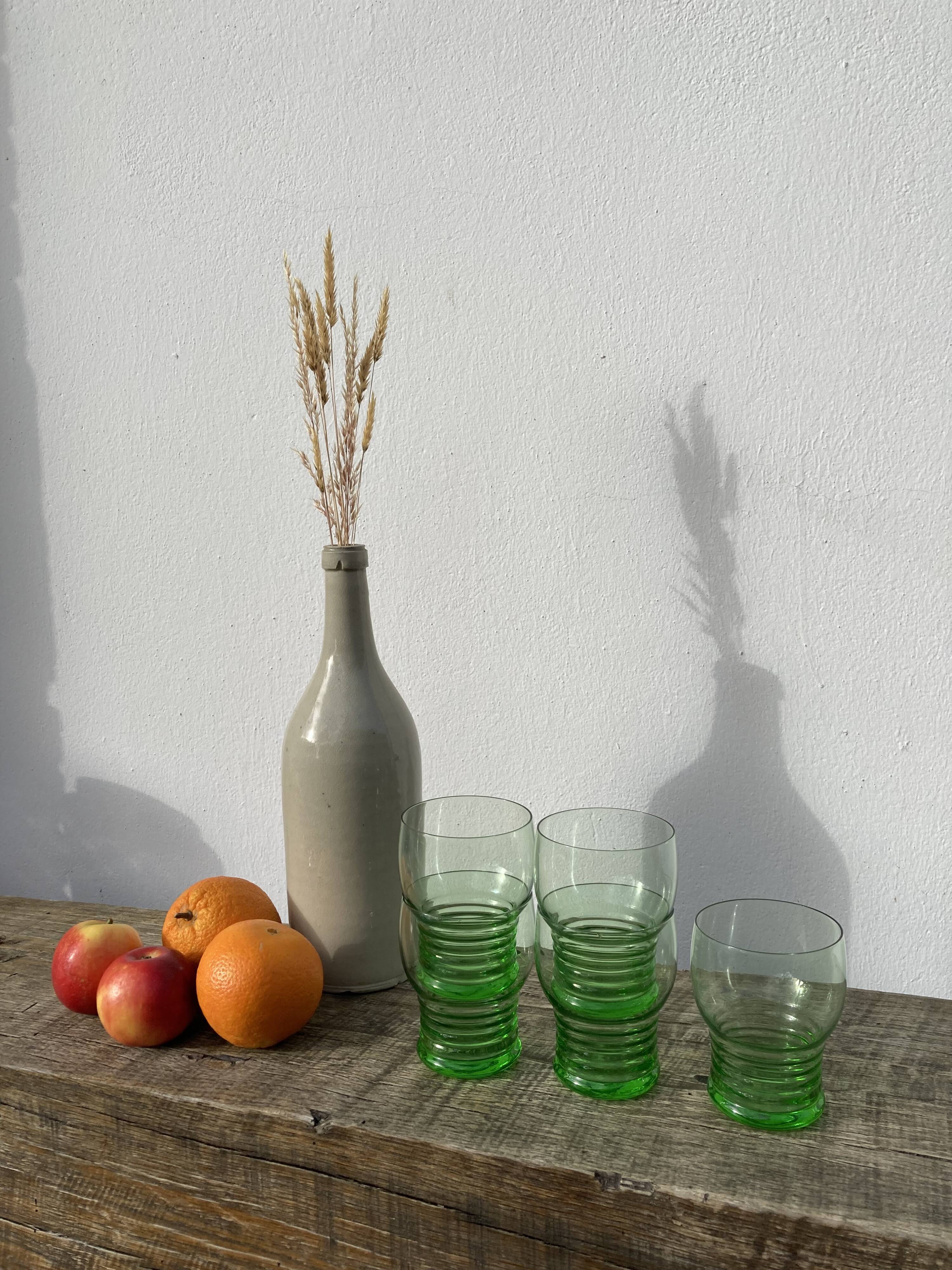 5 vintage green blown glass water glasses