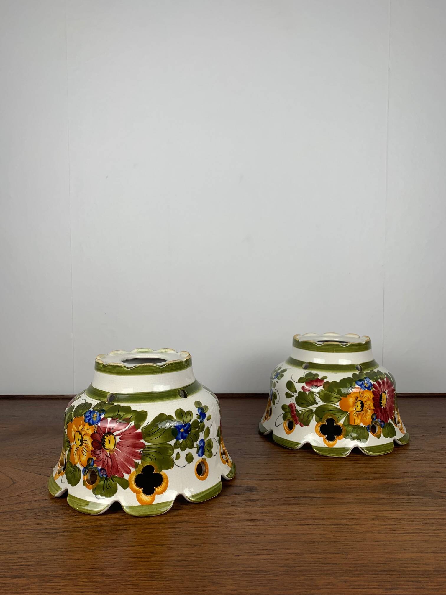 Pair of hand-painted ceramic pendant lights, 1980