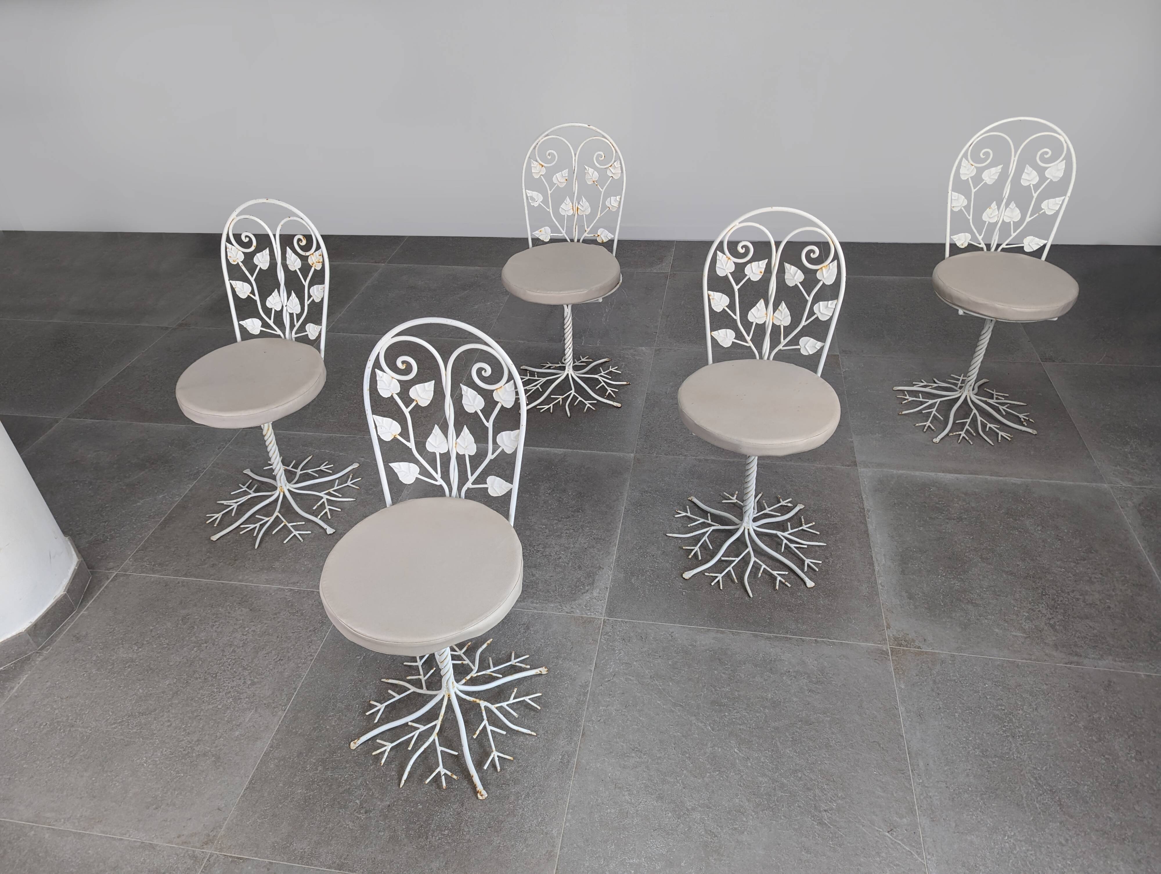 Sculptural Wrought Iron Garden Chairs with Tree Design 1950s Set of 5