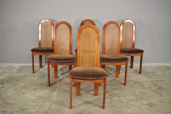 Chaises en hêtre avec dossier en paille Vienne et siège en tissu, années 1970, ensemble de 6