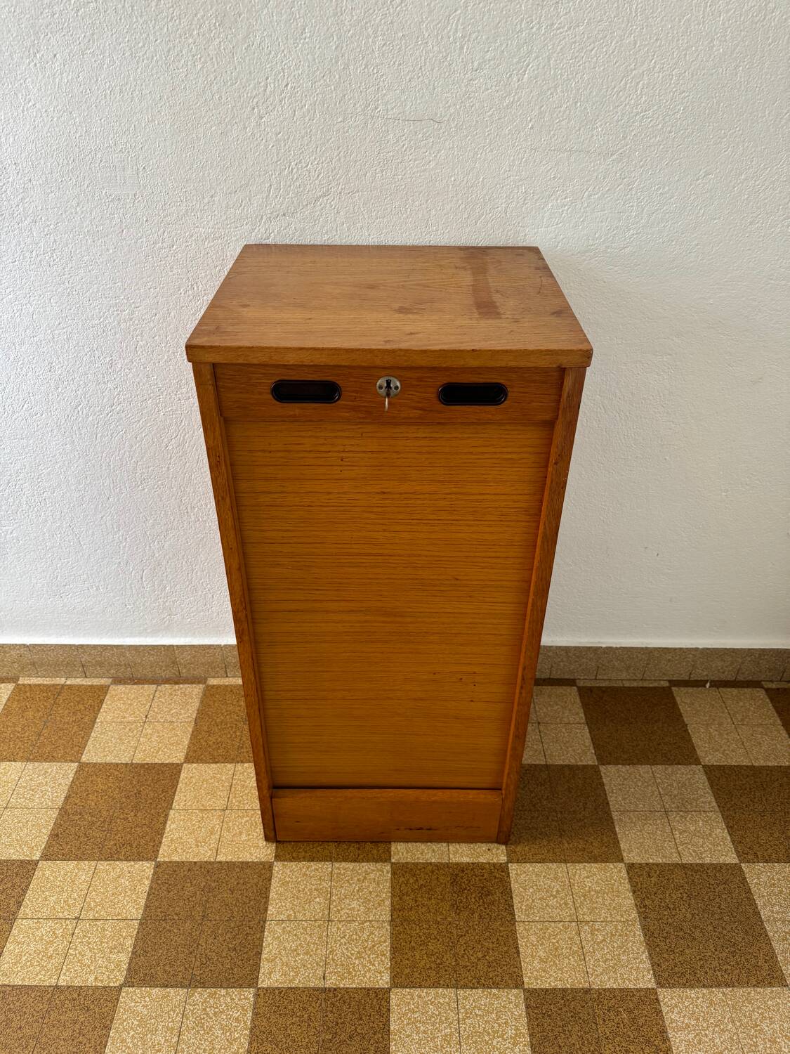 1960s wooden curtain filing cabinet