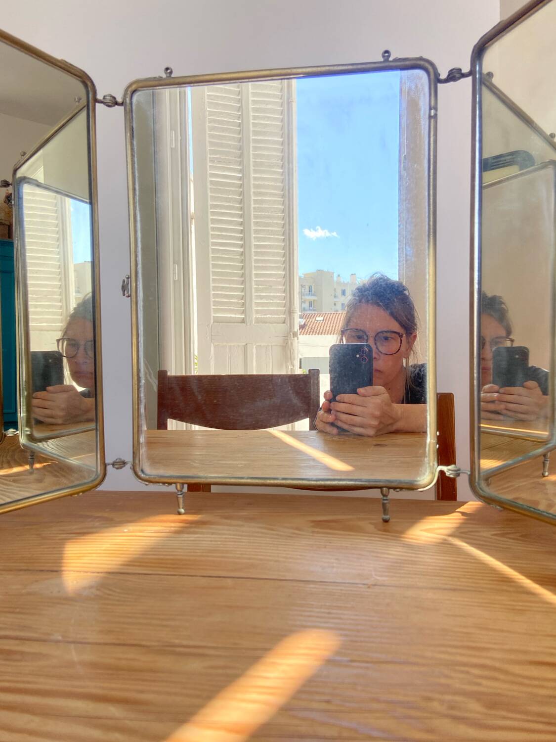 Metal triptych mirror from the 1950s