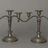 Pair of three-light candlesticks in silver-plated metal