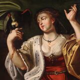 Tableau ancien du XVIIIe siècle, Dame au perroquet