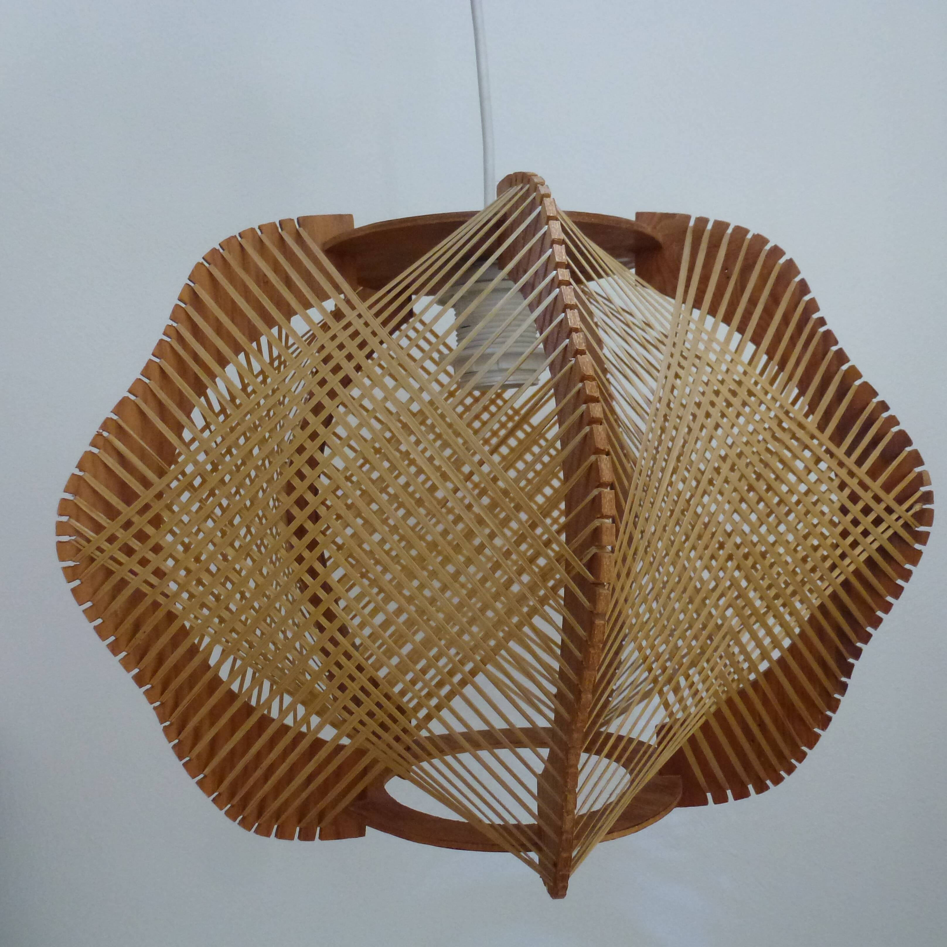 Vintage Scandinavian Pendant Lamp in Wood and Stretched Wires 1960s